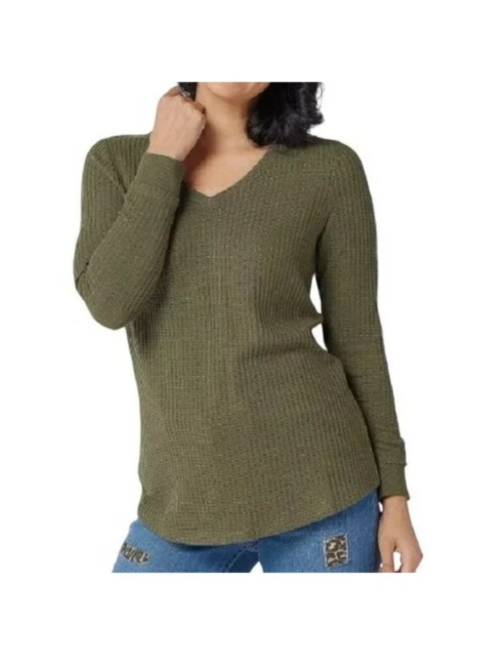 Belle by Kim Gravel Top Size XS Waffle Knit V Neck Smile Hem Olive Green NEW